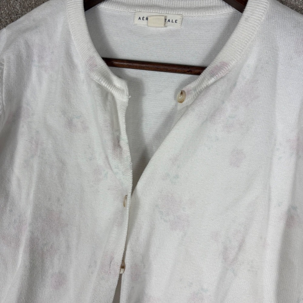 Aeropostale Womens White Floral Button Front Cardigan Sweater Large Pink Green - Picture 2 of 7